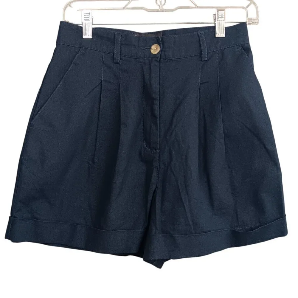 ASOS Women's Navy Blue High Waisted Shorts Pleated Cuffed Hems Size 6 Linen